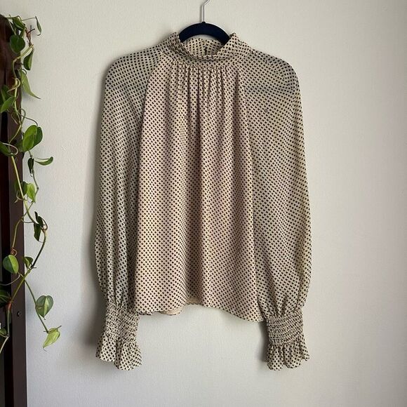 Tory Burch Colette Silk Blouse Mock Neck Gold Jazz Dot Logo Smocked size 12 - Picture 1 of 7